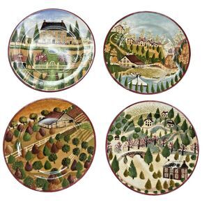 Block Country Village Salad Plates Set of 4 Folk Art Cottage Farm Scene VGC